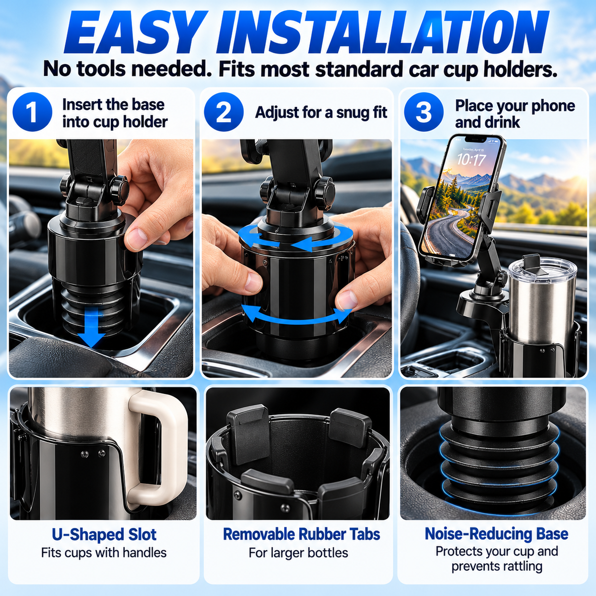 2-in-1 Car Cup Holder Phone Mount – 360° Adjustable Phone Stand & Drink Holder