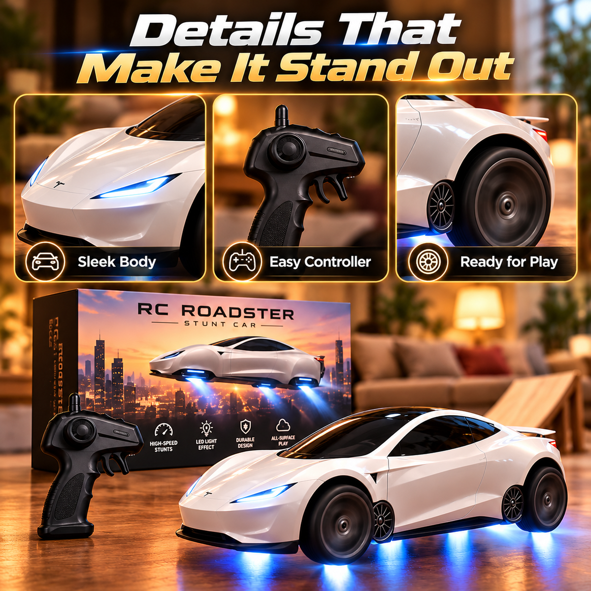 RC Roadster Stunt Car – Remote Control Sports Car with Blue LED Lights, Racing & Stunt Play for Kids