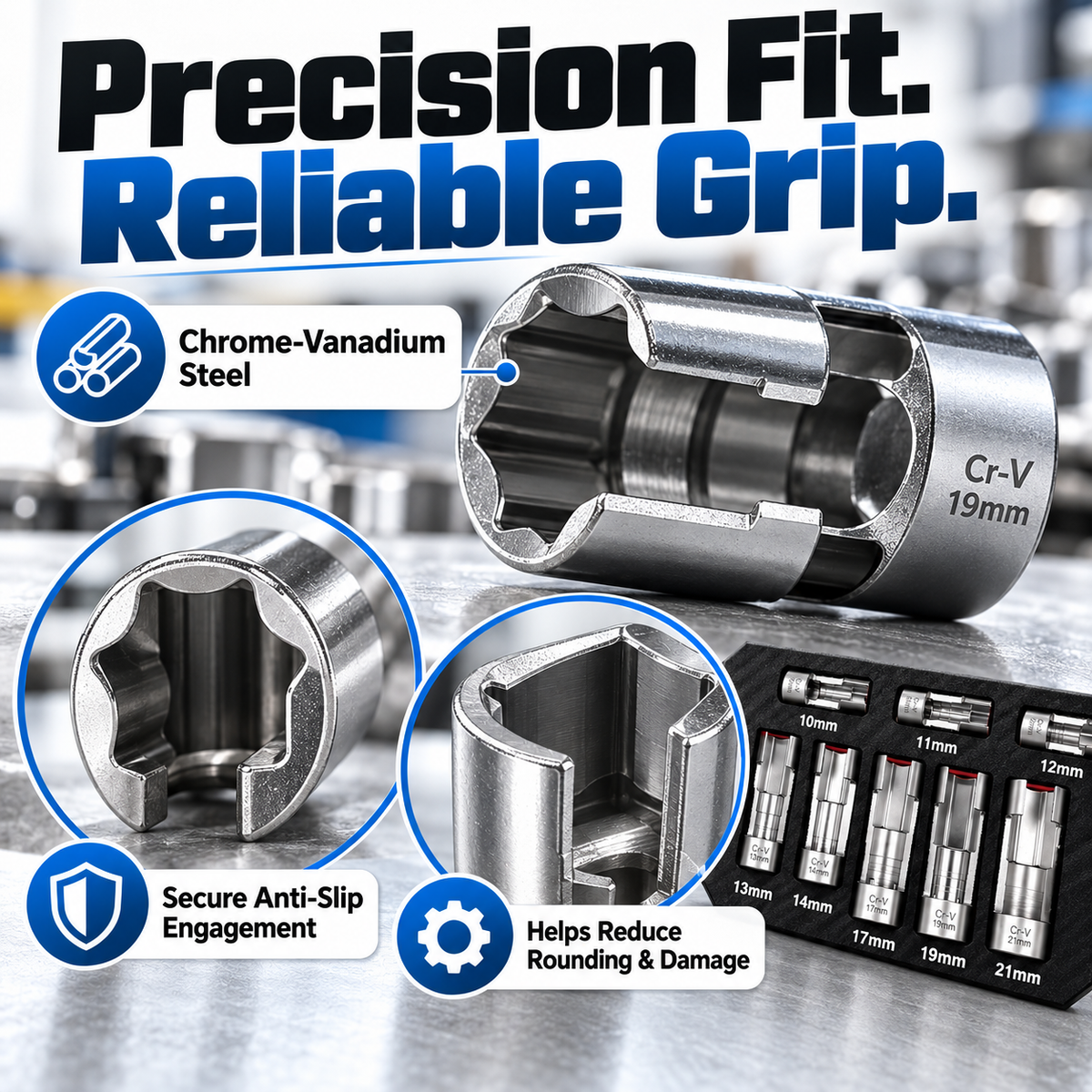 9-Piece Injector & Sensor Line Socket Set – 10–22mm Open-Side Cr-V Sockets, 3/8" & 1/2" Drive