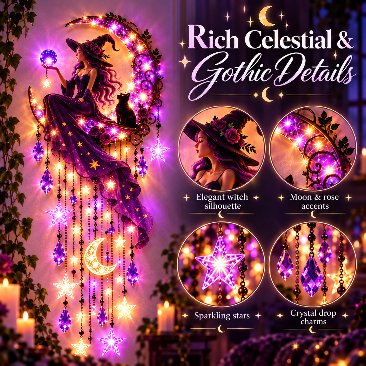 Witch Moon Starfall Wall Light – Purple Celestial Witch Decor with Crescent Moon, Stars & Crystal Accents