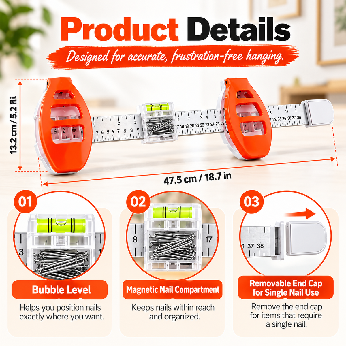All-in-One Picture Hanging Tool with Level & Ruler – Dual Nail Positioning Frame Alignment Guide
