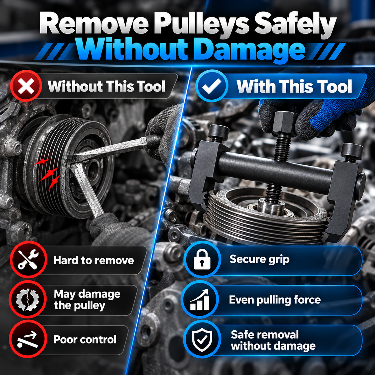 Adjustable Ribbed Pulley Puller – Low-Profile Crankshaft, Alternator, A/C & Water Pump Removal Tool