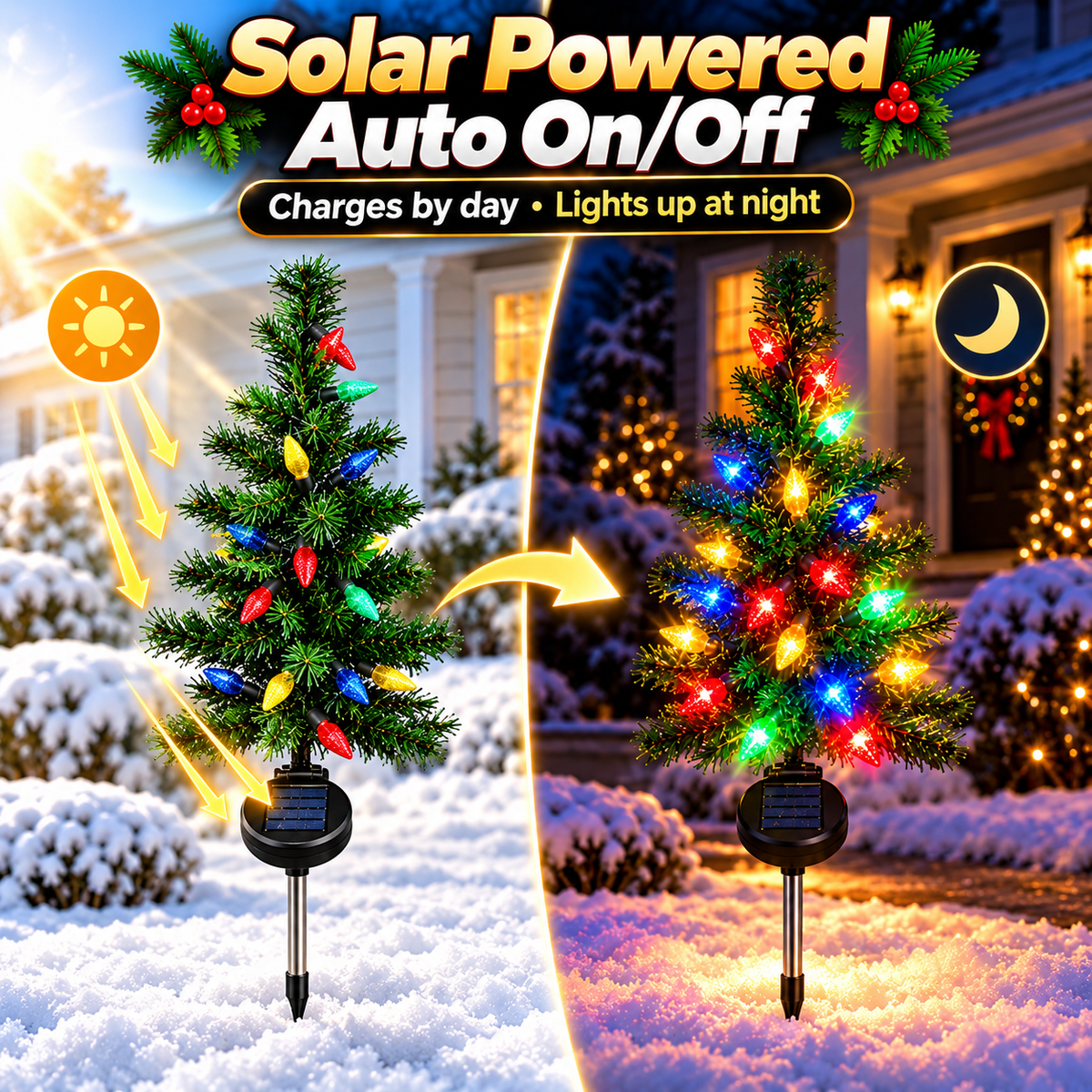 4-Pack Solar Christmas Tree Pathway Lights – 27.6" Pre-Lit Multicolor Outdoor Holiday Yard Stakes with Auto On/Off Sensor