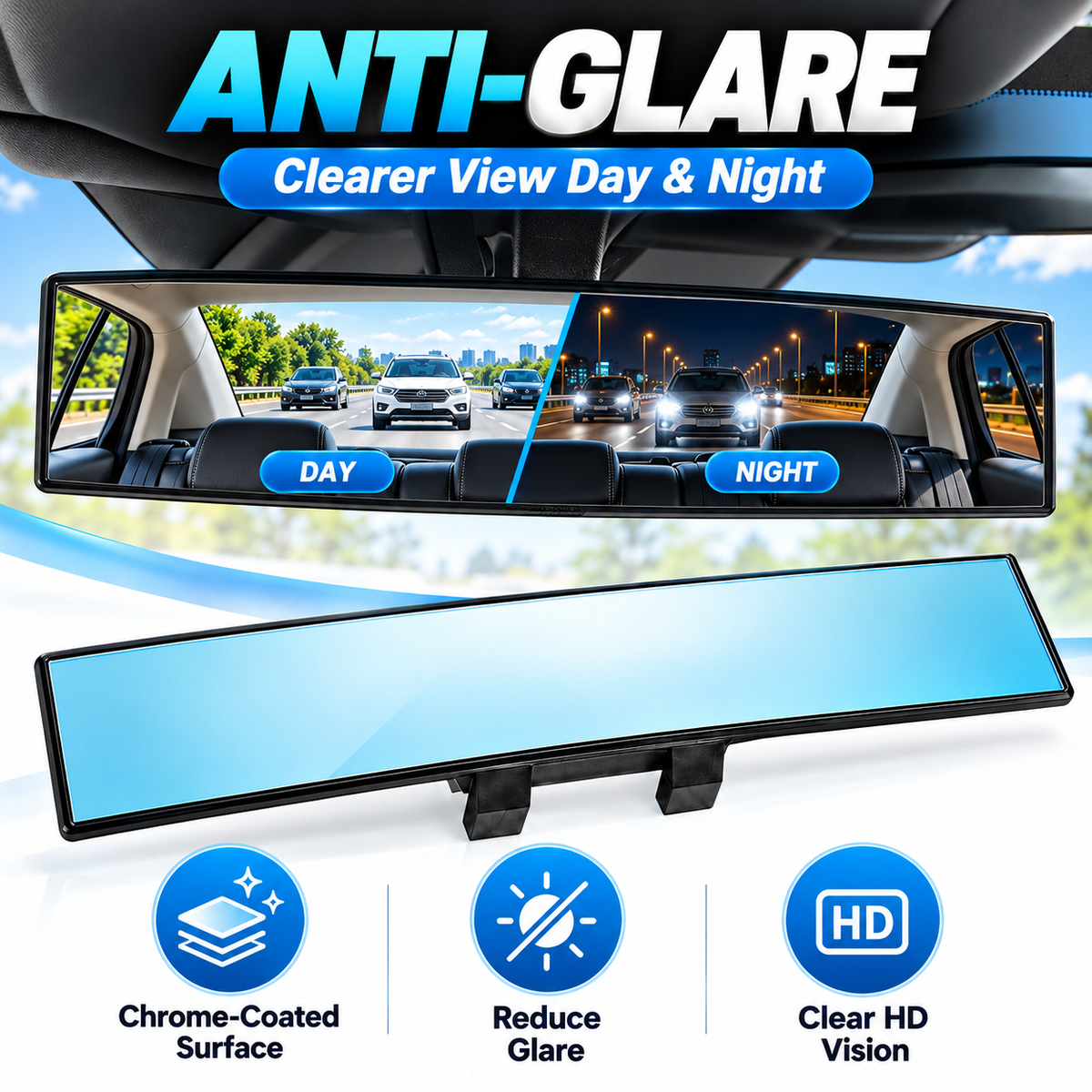 12-Inch HD Convex Panoramic Rearview Mirror – Clip-On Wide-Angle Car Mirror with Anti-Glare Glass & Anti-Slip Clips