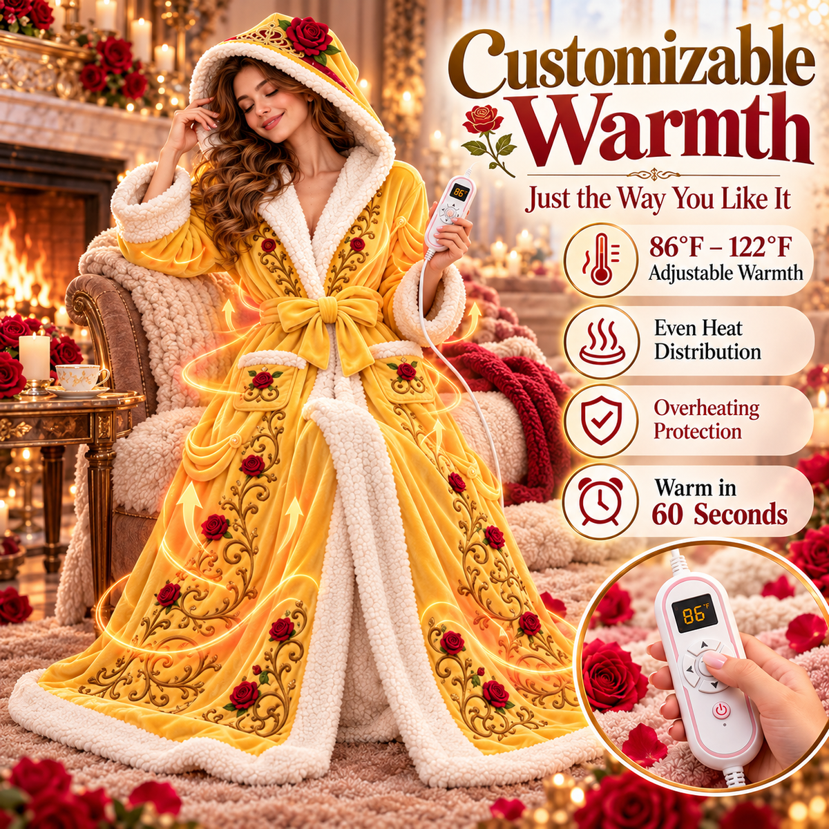 Women's USB Heated Princess Robe – One-Size Plush Hooded Bathrobe with Adjustable Heat, Machine Washable