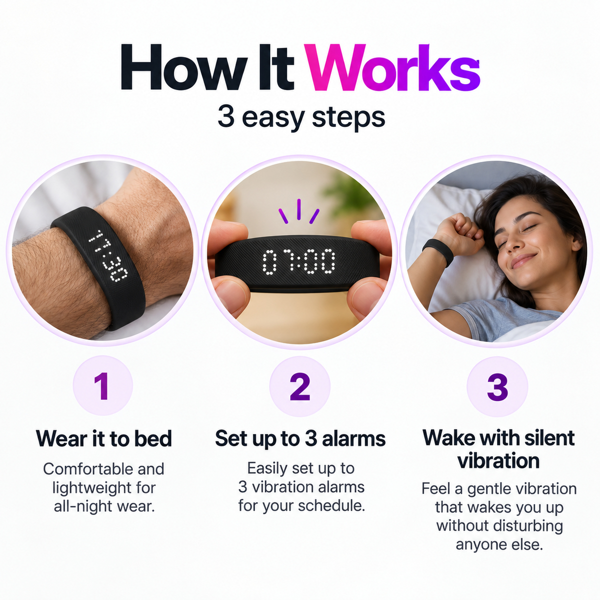Silent Vibration Wrist Alarm – Wearable Wake-Up Alarm with 2 Vibration Levels, 3 Alarms & 14+ Day Battery