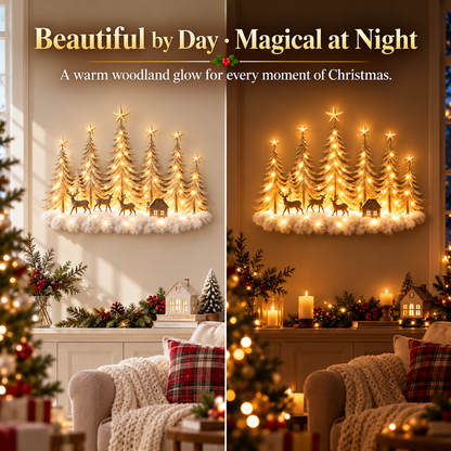 🌲 Lighted Winter Woodland Forest Wall Decor – Warm LED Christmas Tree, Deer & Cottage Scene