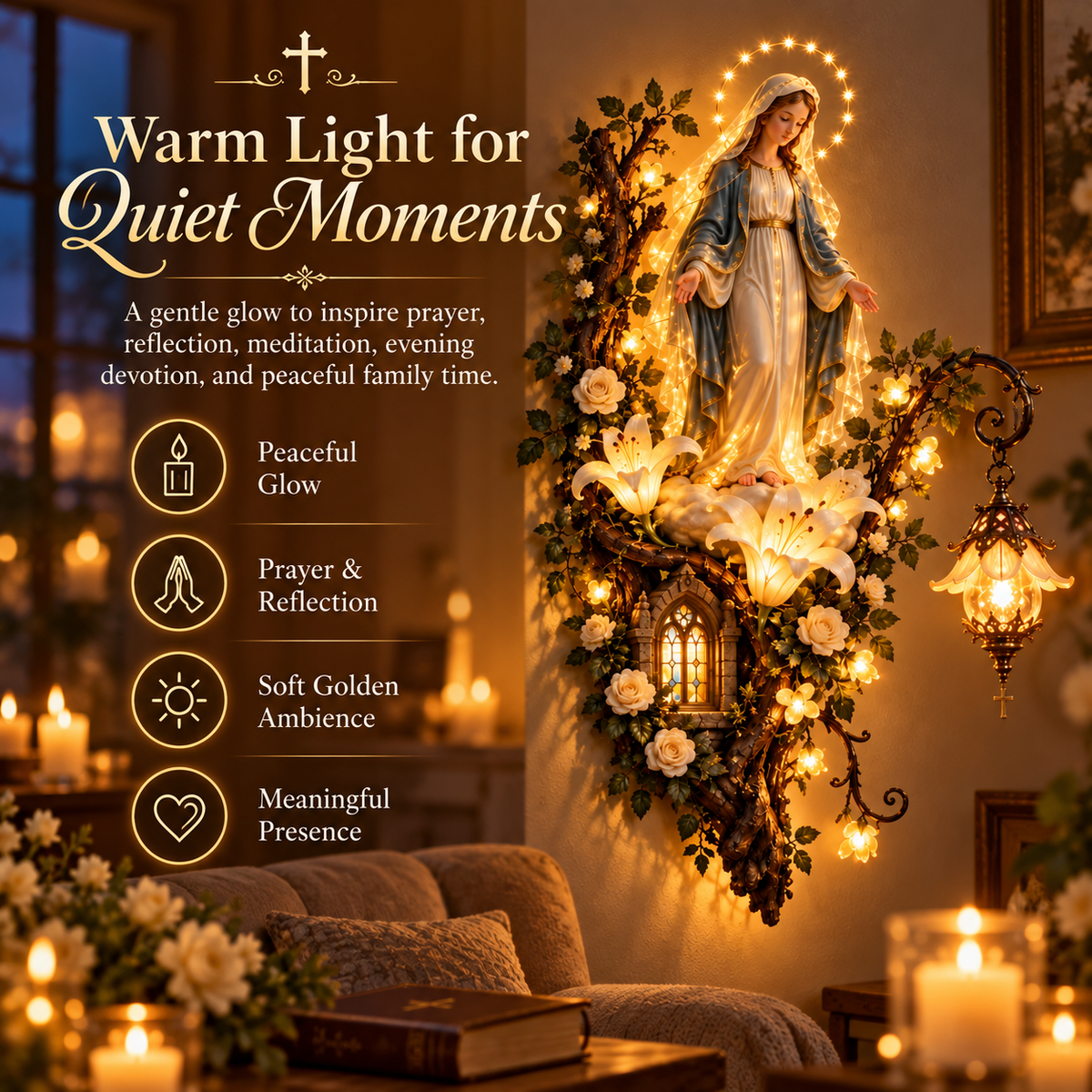 Blessed Mother Lighted Wall Décor – Virgin Mary 3D Religious Wall Art with Warm Ambient Glow & Floral Details