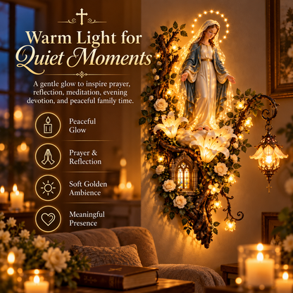 Blessed Mother Lighted Wall Décor – Virgin Mary 3D Religious Wall Art with Warm Ambient Glow & Floral Details