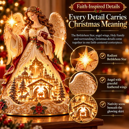 Lighted Christmas Angel Nativity Figurine – Bethlehem Star & Holy Family Tabletop Decor with Warm Golden Glow