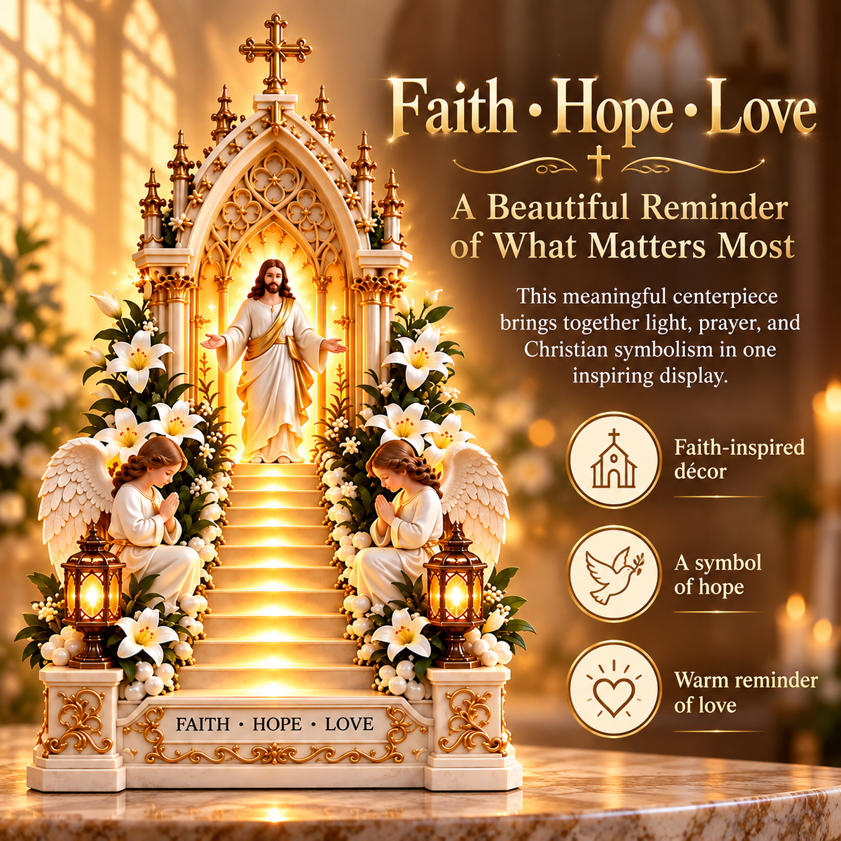 Jesus Stairway Angel Wing Projection Light – Faith Hope Love Illuminated Christian Tabletop Decor
