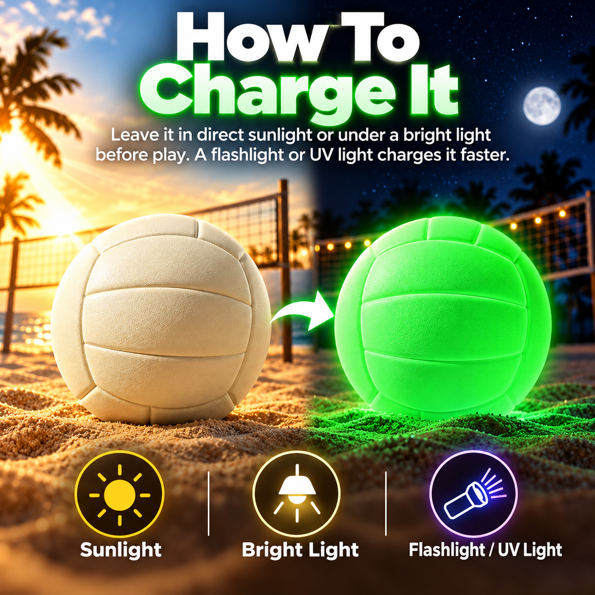 Glow-in-the-Dark Volleyball – Size 5 Light-Charged Night Volleyball for Beach, Backyard & Outdoor Play