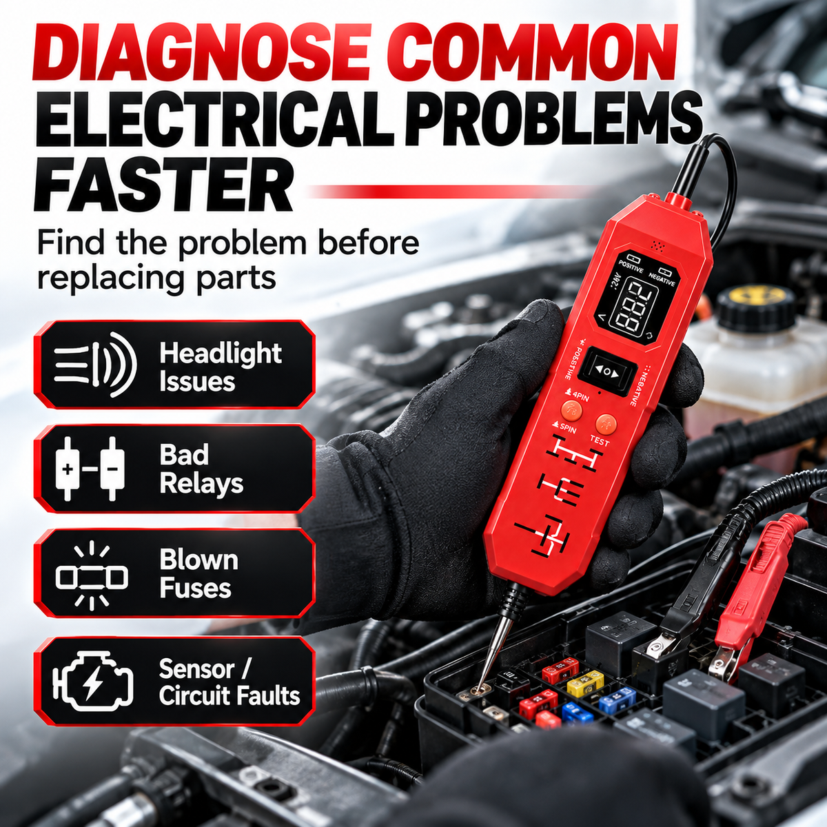 Automotive Circuit & Relay Tester – 12V/24V Electrical Diagnostic Power Probe with Voltage, Polarity, Continuity & Short-Circuit Testing