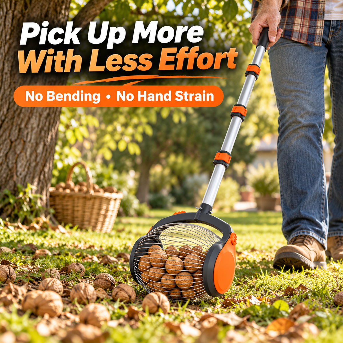 Telescopic Nut Gatherer Roller – Foot-Release Walnut & Acorn Picker with Side-Opening Basket