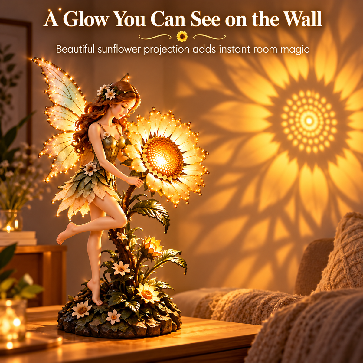 Sunflower Fairy Projection Lamp – Warm Lighted Fantasy Figurine with Flower Shadow Effect