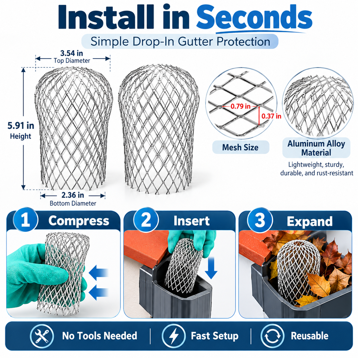 2-Pack Aluminum Gutter Downspout Guards – Adjustable Leaf & Debris Strainer for Rain Gutters