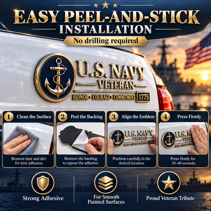 U.S. Navy Veteran Metal Car Emblem – 3D Adhesive Badge, No-Drill Military-Inspired Car & Truck Decoration