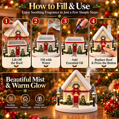 Christmas House Aroma Diffuser – Light-Up Holiday Humidifier with Chimney Mist & Warm Window Glow