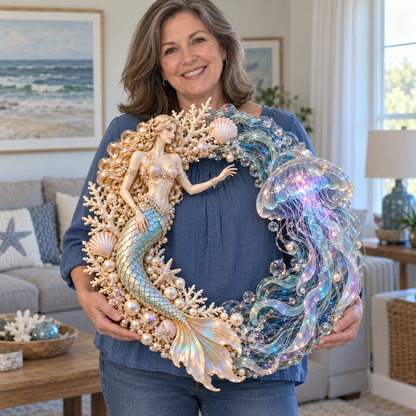 🔥Last Day 50% OFF-🧜‍♀️🌊 Mermaid Moonlight Wreath | Glowing Jellyfish & Ocean Decor ✨
