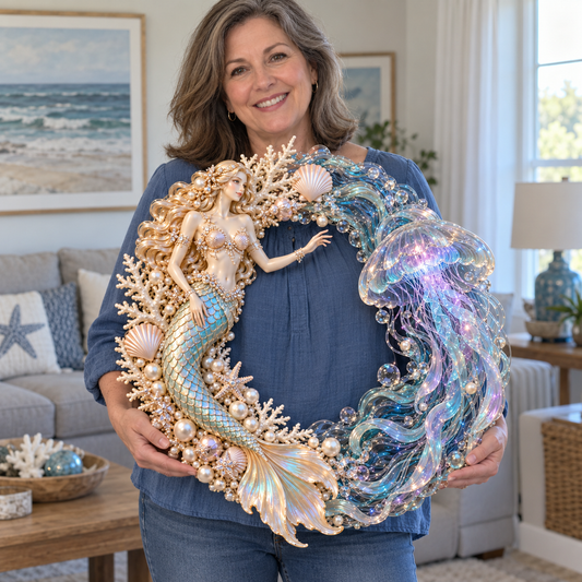 🔥Last Day 50% OFF-🧜‍♀️🌊 Mermaid Moonlight Wreath | Glowing Jellyfish & Ocean Decor ✨