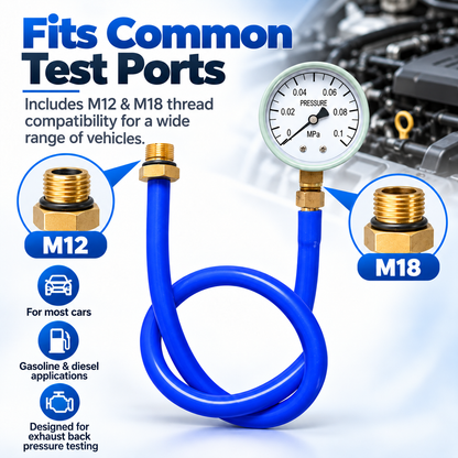 Exhaust Back Pressure Tester Kit – 2.5" Pressure Gauge with M12/M18 Adapters for Exhaust & Catalytic Converter Diagnostics