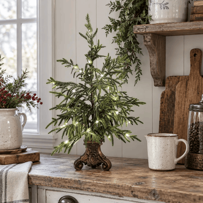 Vintage Lighted Norfolk Pine Trees – Warm White LED Christmas Tabletop Decor, 12″ & 18″