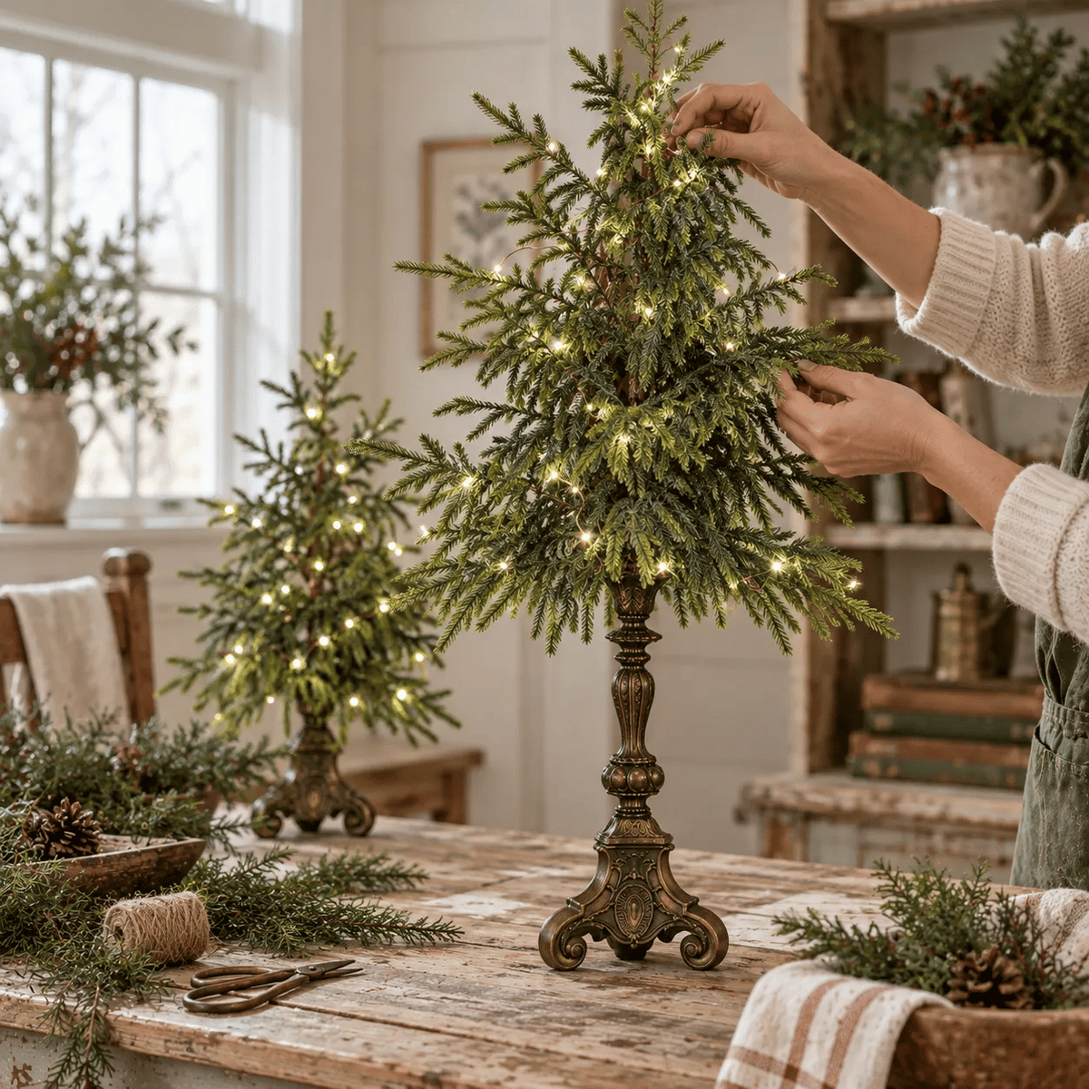 Vintage Lighted Norfolk Pine Trees – Warm White LED Christmas Tabletop Decor, 12″ & 18″