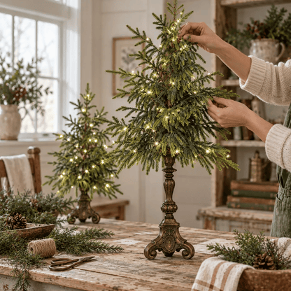 Vintage Lighted Norfolk Pine Trees – Warm White LED Christmas Tabletop Decor, 12″ & 18″