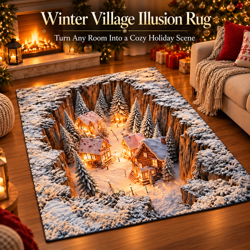 3D Winter Village Christmas Rug – Snowy Canyon Village Illusion Area Rug for Cozy Holiday Home Decor