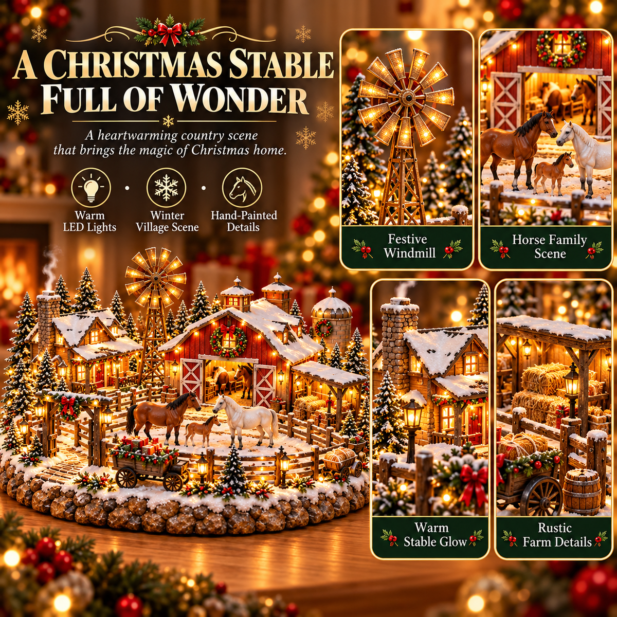 🎄🔥Christmas Horse Stable Village – Lighted Equestrian Holiday Scene ✨
