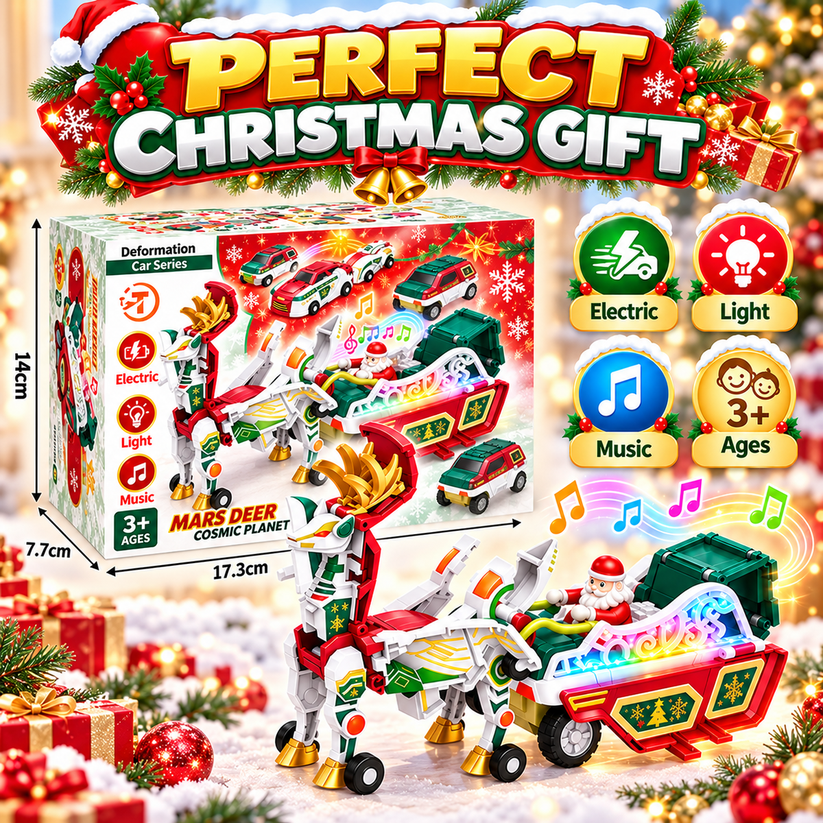 🔥Last day 50% OFF-3-in-1 Magnetic Christmas Transforming Car Toy Set with Santa Sleigh, Lights & Music