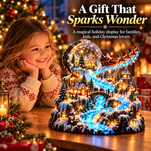 Santa's Sleigh Christmas Village Display – Lighted Snow Globe & Winter Waterfall Tabletop Decor