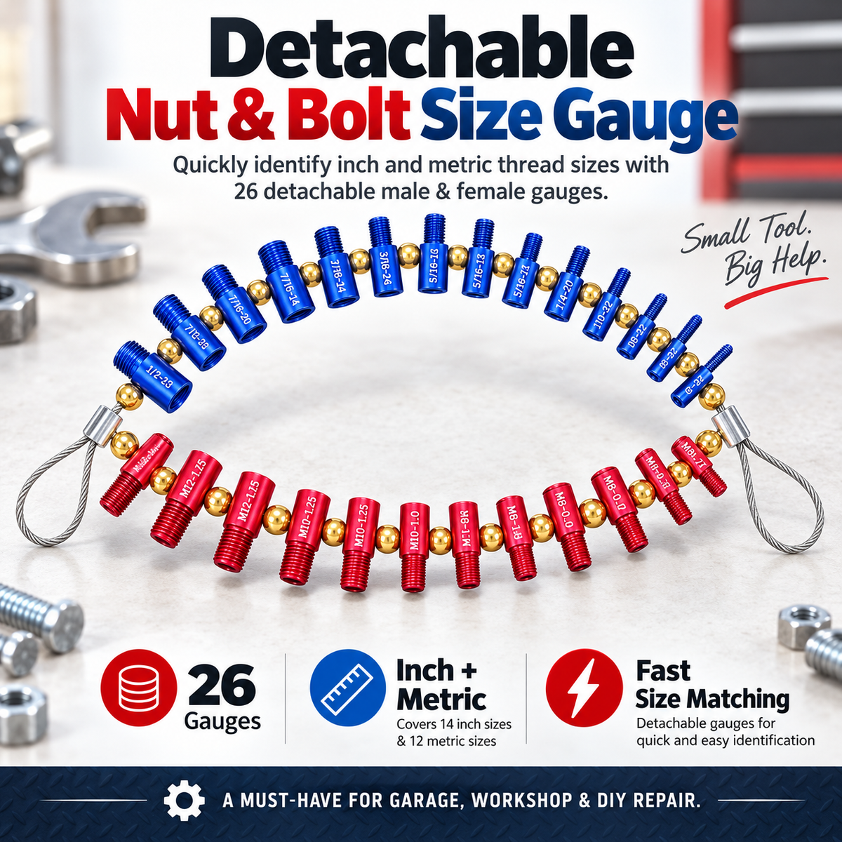 Hot sales🔥26-in-1 Detachable Nut & Bolt Thread Size Gauge – SAE & Metric