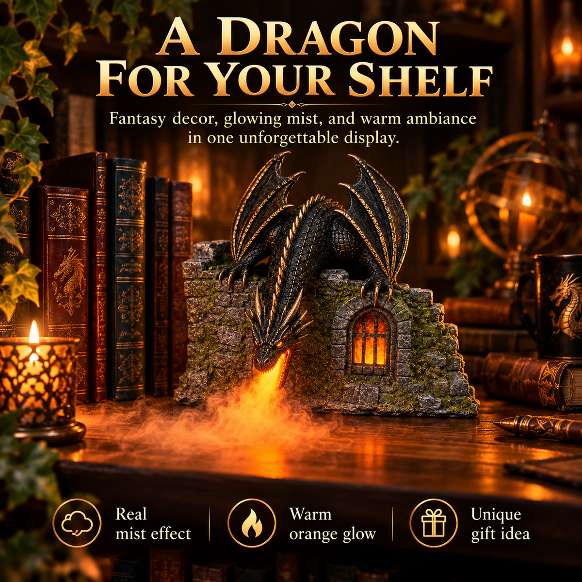 Dragon Castle Mist Humidifier – Glowing Flame Effect, Illuminated Castle Window & 6-Hour Mist Display