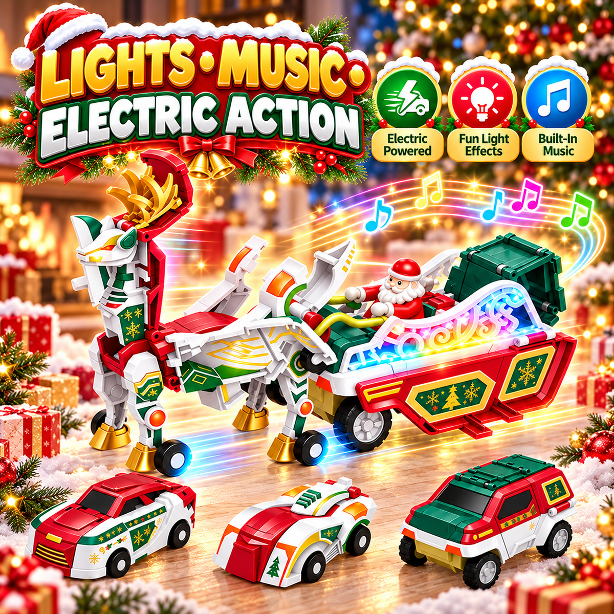 🔥Last day 50% OFF-3-in-1 Magnetic Christmas Transforming Car Toy Set with Santa Sleigh, Lights & Music