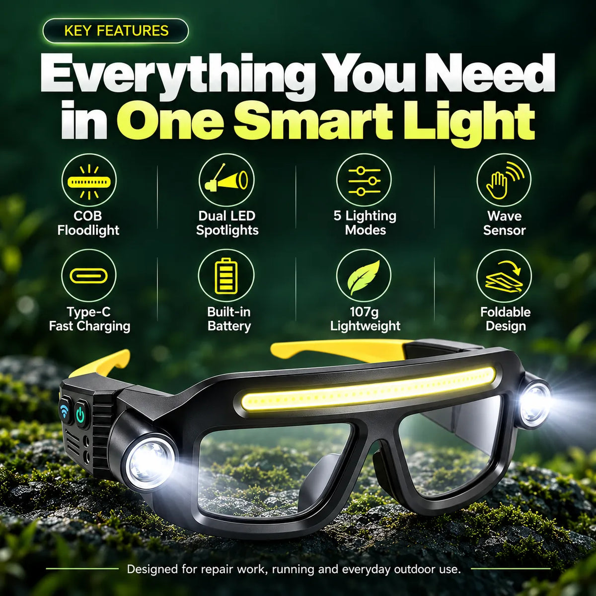 👓🔦 Rechargeable LED Light Glasses with 5 Modes & Wave Sensor