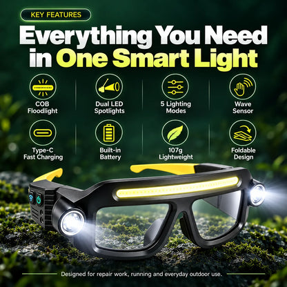 👓🔦 Rechargeable LED Light Glasses with 5 Modes & Wave Sensor