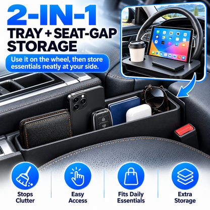 2-in-1 Car Steering Wheel Desk & Seat Gap Organizer – Reversible Laptop Tray and Meal Holder