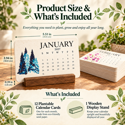 2027 Plantable Seed Paper Calendar With wooden bracket– 12-Month Botanical Desk Calendar, Eco-Friendly Gardening Gift
