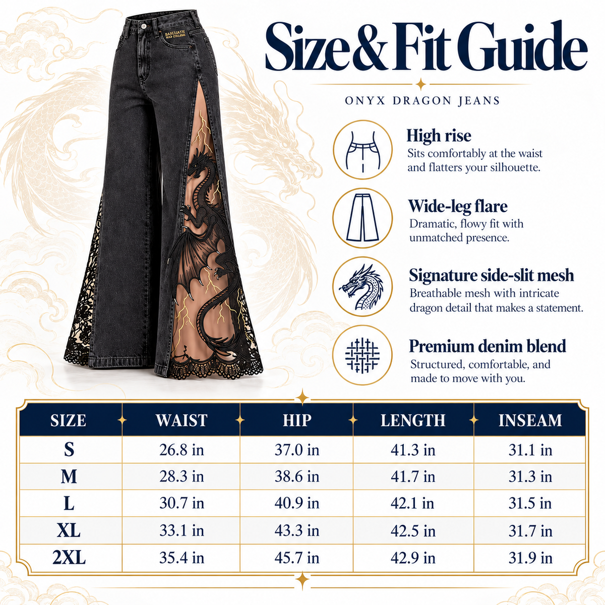 Dragon Mesh-Panel Wide-Leg Jeans – High-Waisted Fantasy Denim