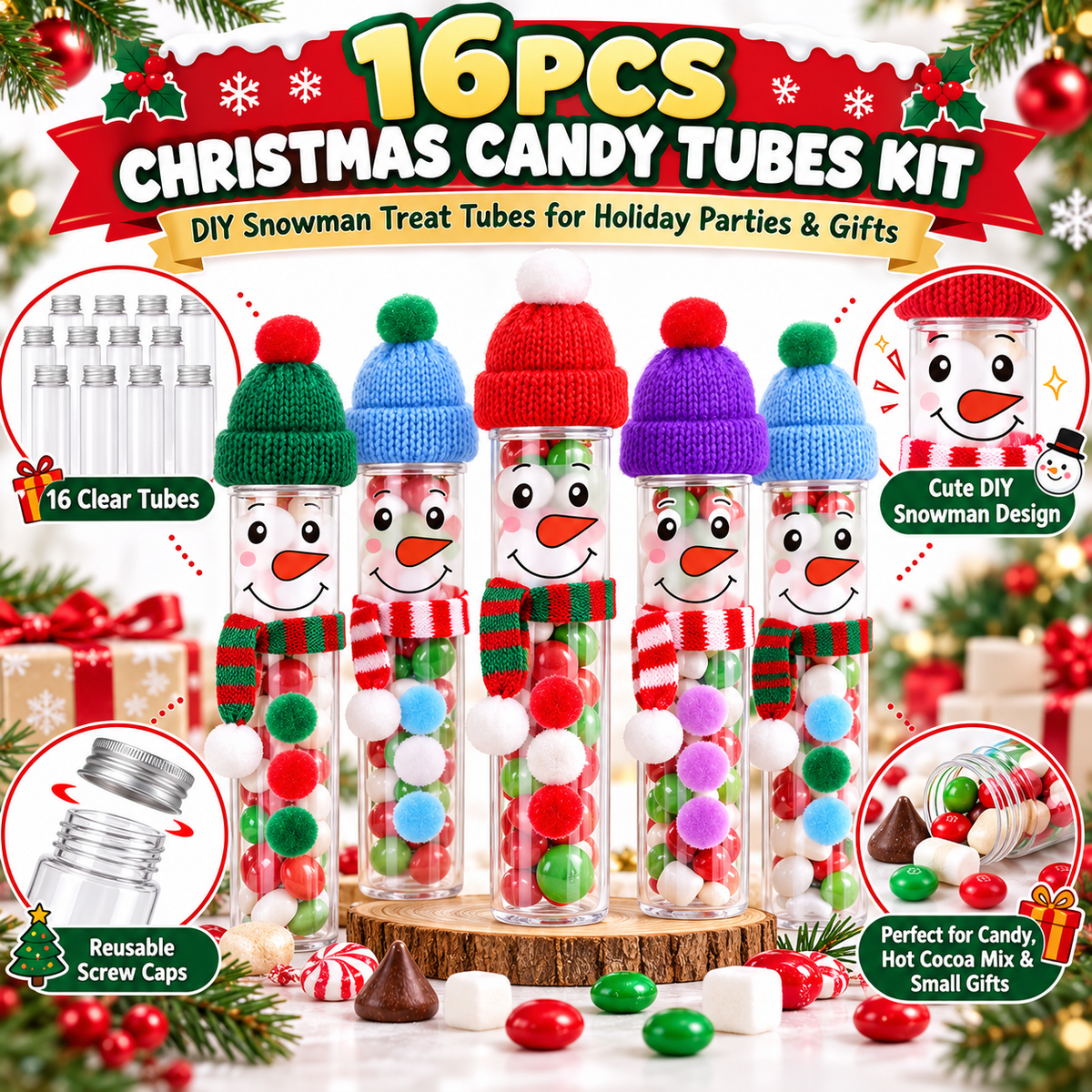 16-Pack DIY Snowman Candy Tubes – Christmas Treat Containers with Mini Hats, Scarves & Craft Decorations
