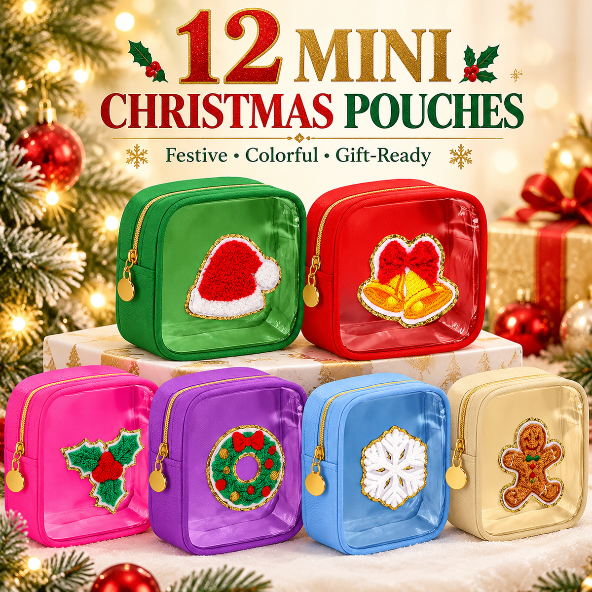 12-Pack Christmas Mini Makeup Bags with Clear PVC Window & Festive Chenille Patches – Holiday Gift Pouches for Teachers, Coworkers & Friends
