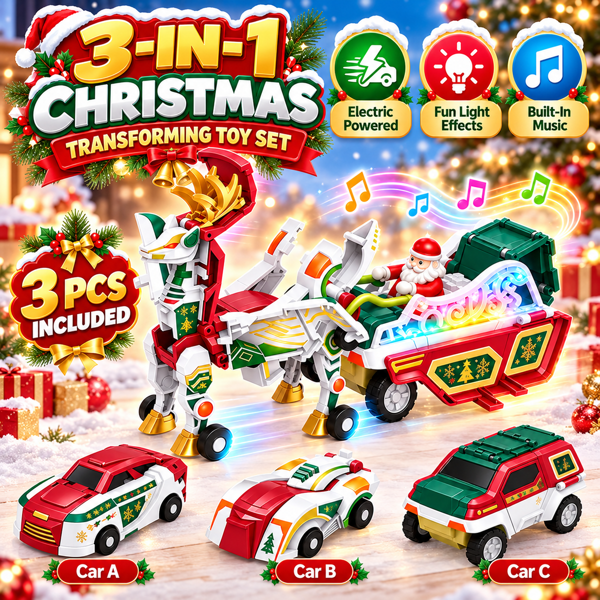 🔥Last day 50% OFF-3-in-1 Magnetic Christmas Transforming Car Toy Set with Santa Sleigh, Lights & Music