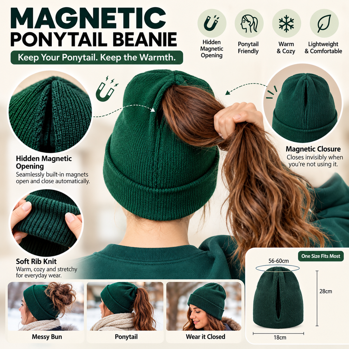🔥Last Day 50% OFF – 🔥2-in-1-ponytail-beanie-hat-hidden – Hidden Magnetic Closure, No-Zip Winter Knit Hat ❄️
