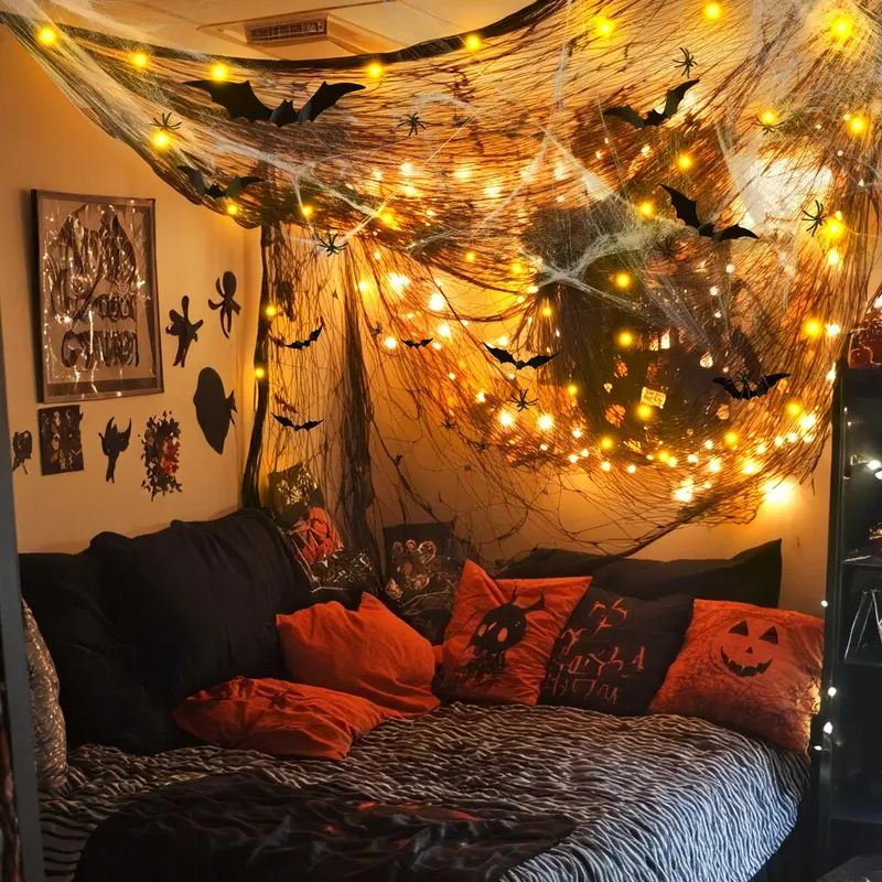 Halloween Spider Web Decorations with 32FT String Lights, 300 sqft Stretch Cobwebs, Black Creepy Cloth, Fake Bats and Spiders for Indoor Outdoor Yard Doorway Entryway Decor