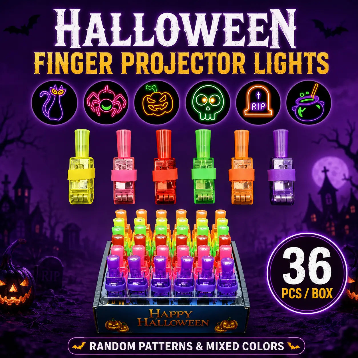 🎃 Halloween Finger Projector Rings – LED Light-Up Trick-or-Treat Party Favors