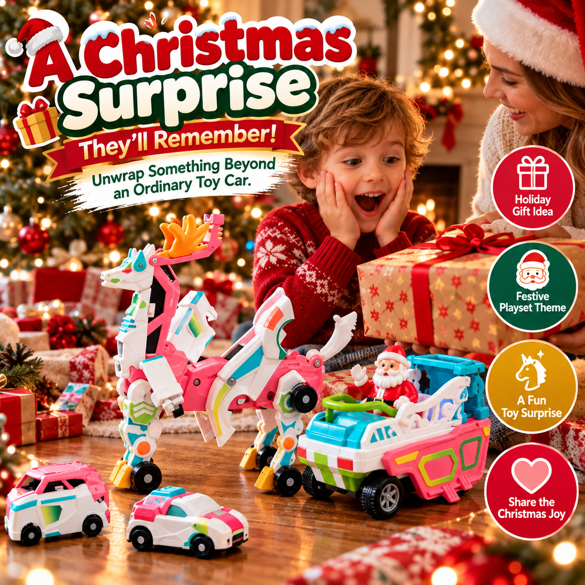 🔥Last day 50% OFF-2-in-1 Transforming Christmas Unicorn & Santa Sleigh – Magical Vehicle Transformation Toy & Holiday Gift 🎁