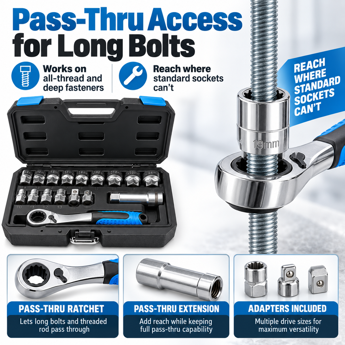 Universal Pass-Thru Socket & Ratchet Set – 16-Piece, 42 Fastener Sizes, SAE/Metric/TORX/Spline