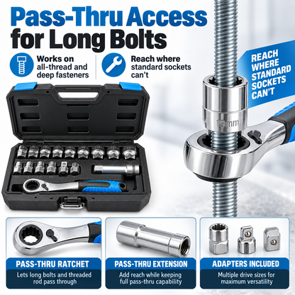 Universal Pass-Thru Socket & Ratchet Set – 16-Piece, 42 Fastener Sizes, SAE/Metric/TORX/Spline