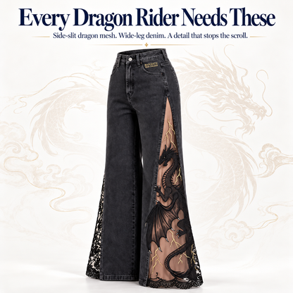 Dragon Mesh-Panel Wide-Leg Jeans – High-Waisted Fantasy Denim